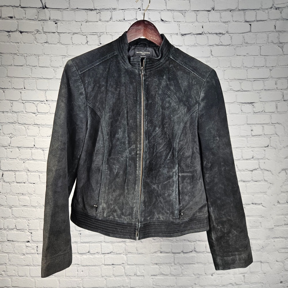 Valerie Stevens Petite Black Suede Leather Jacket Zip Front Mock Neck PL
